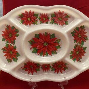VTG Poinsettia /Christmas Oval Divided Serving Platter